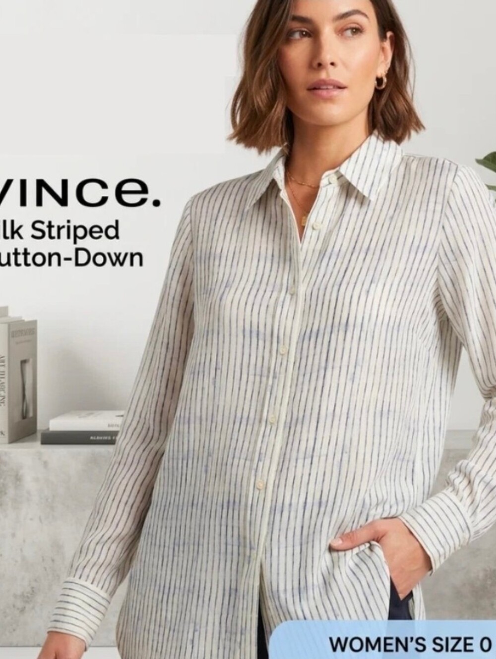 Vince 100% Silk Button-Down Shirt  W/Vertical Blue & White Stripe Pattern Size 8